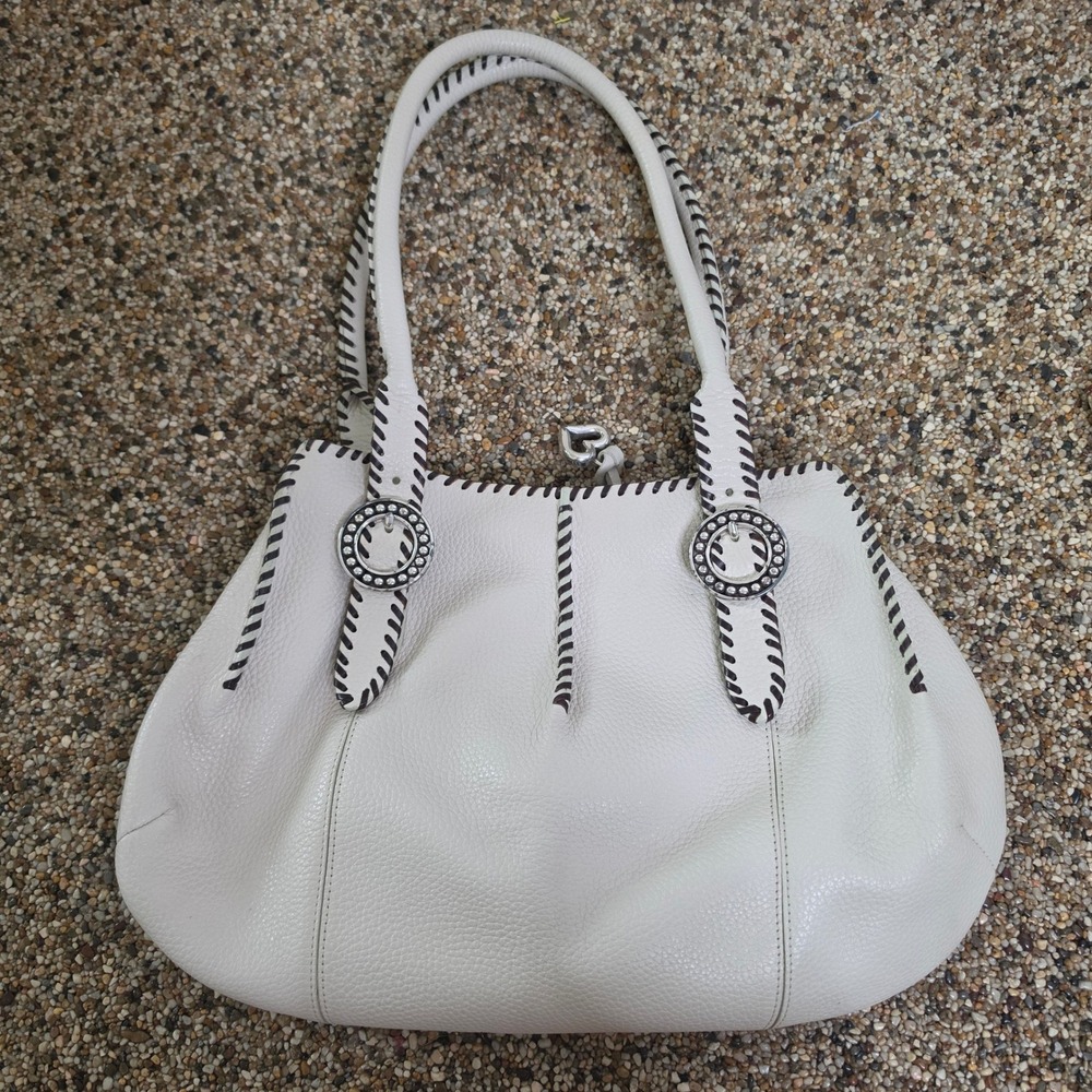 Brighton White Pebble Leather Whipstitch Shoulder Bag Heart Charm D458746